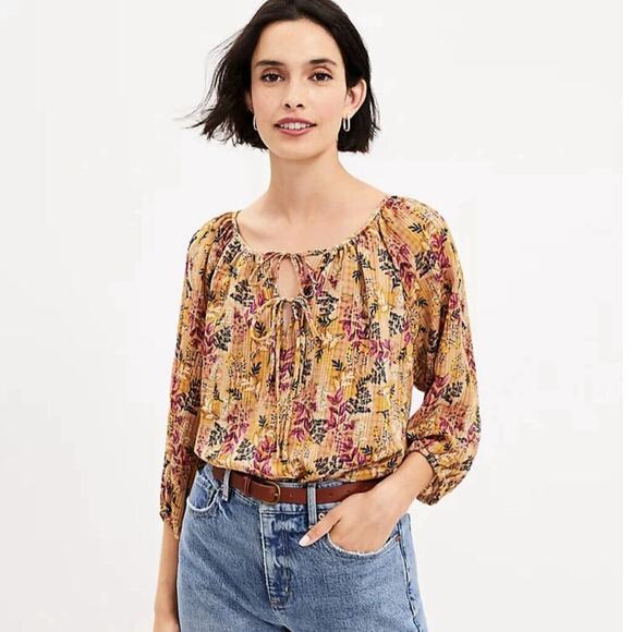 LOFT Tan Floral Tie Neck 3/4 Sleeve Blouse Size XS - Picture 1 of 6